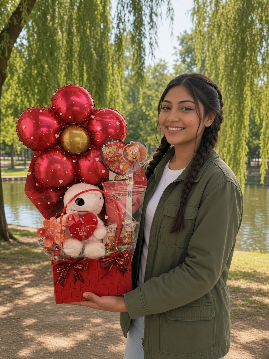 Ancheta de osito con globos rojos