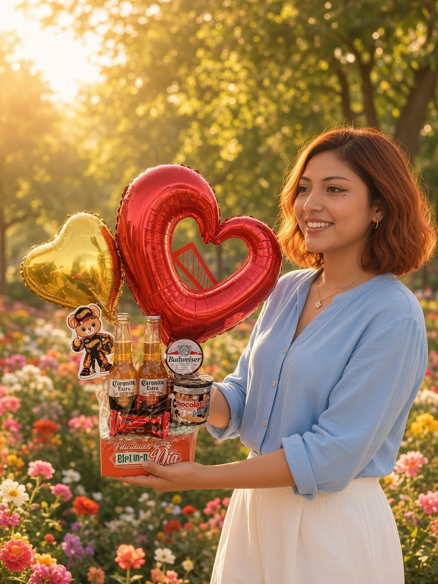 Ancheta de corazones con bebidas