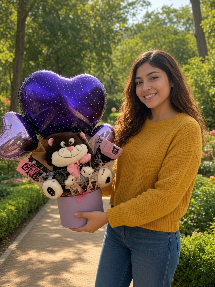 Ancheta de peluches con corazón morado